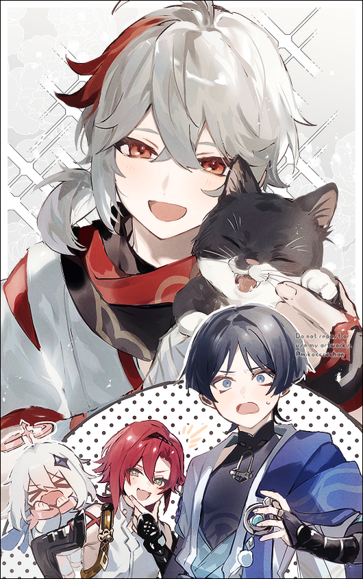 scaramouche, wanderer, paimon, kaedehara kazuha, and shikanoin heizou (genshin impact) drawn by mikoccccchan