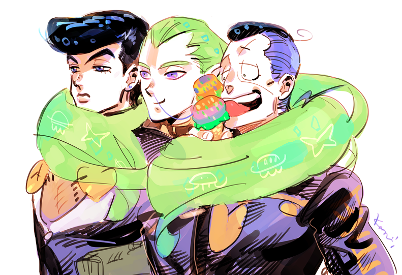 higashikata josuke, nijimura okuyasu, and hazekura mikitaka (jojo no kimyou na bouken and 1 more) drawn by kotteri