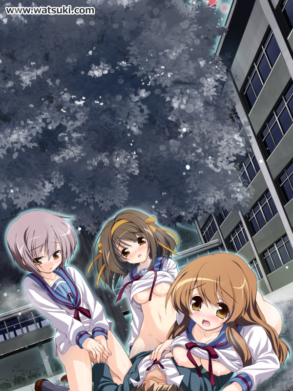 suzumiya haruhi, nagato yuki, asahina mikuru, and kyon (suzumiya haruhi no yuuutsu) drawn by watsuki_ayamo