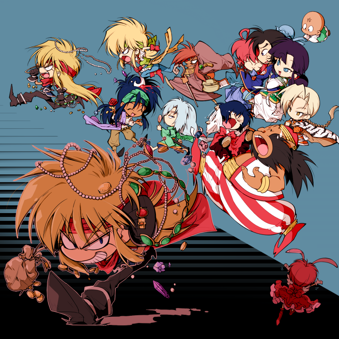 gokudou yuccot kikansky, rubette la lette, prince niarii, djinn, nanya, and 8 more (gokudou-kun man'yuuki) drawn by kinako_(moment)