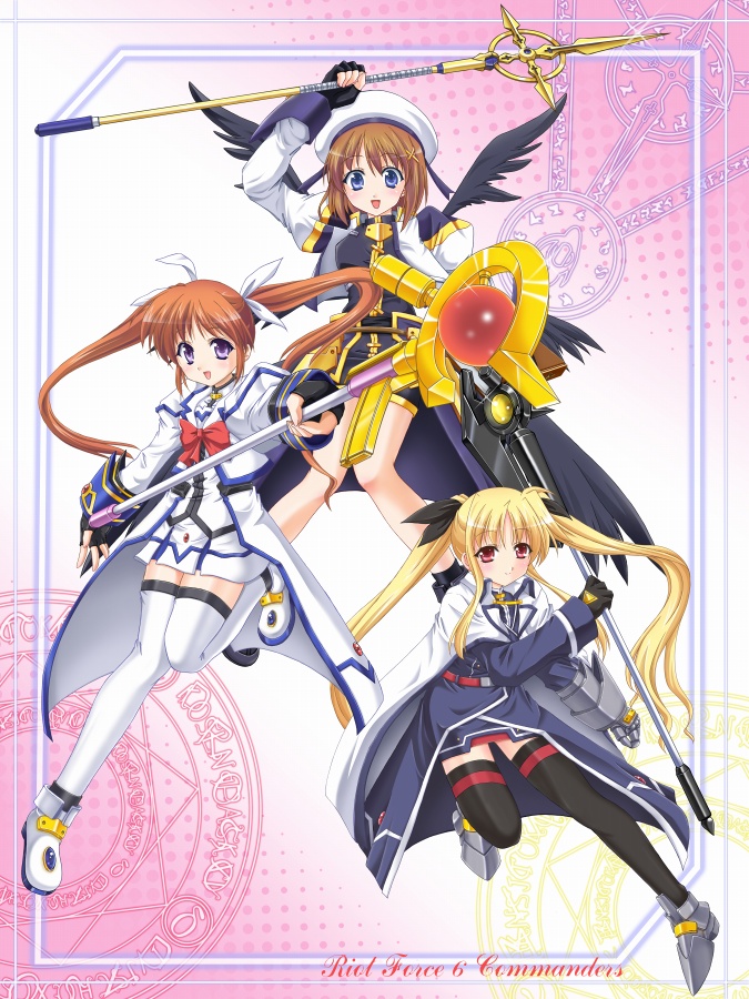fate testarossa, takamachi nanoha, yagami hayate, raising heart, schwertkreuz, and 2 more (lyrical nanoha and 1 more) drawn by murasaki_atsushi