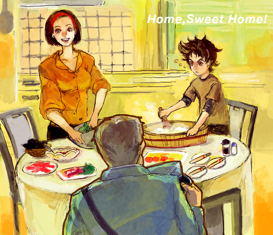 higashikata josuke, higashikata tomoko, and higashikata ryohei (jojo no kimyou na bouken and 1 more) drawn by iu