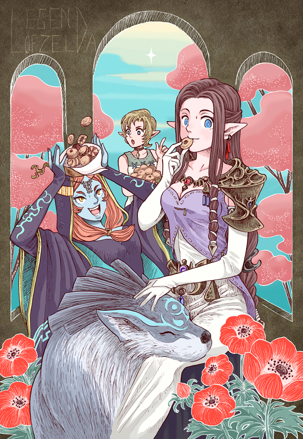 link, princess zelda, midna, wolf link, and ilia (the legend of zelda and 1 more) drawn by momen