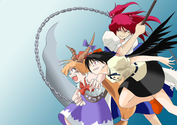 shameimaru aya, ibuki suika, and onozuka komachi (touhou) drawn by angeldust
