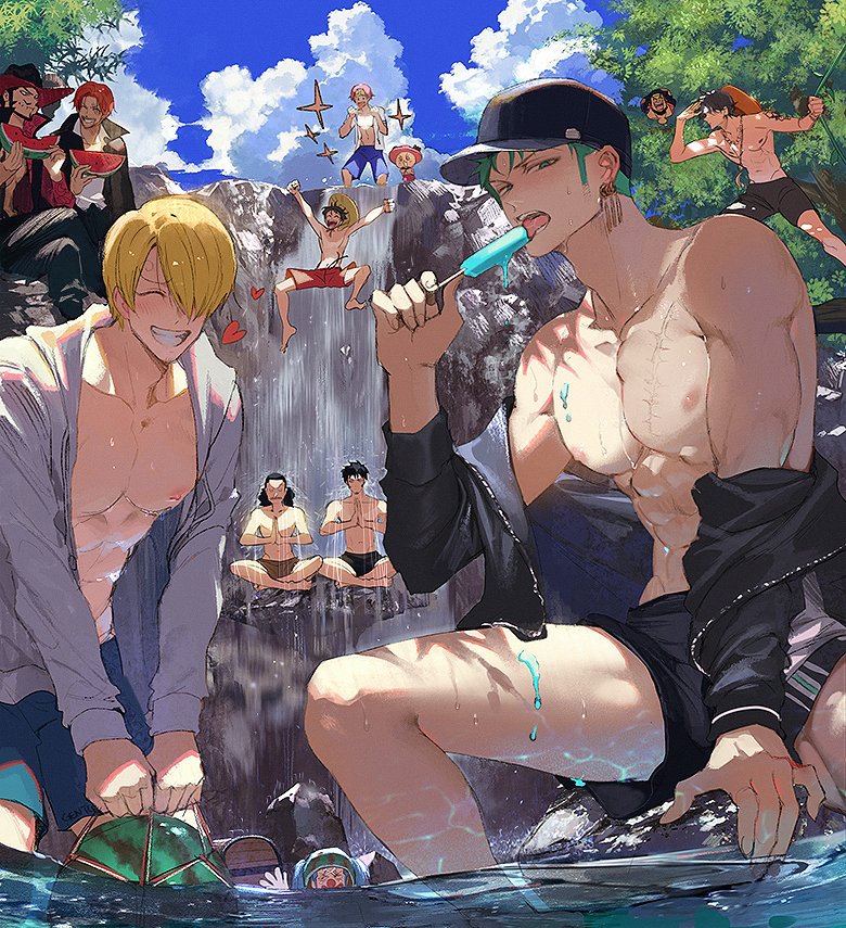 monkey d. luffy, roronoa zoro, sanji, trafalgar law, tony tony chopper, and 7 more (one piece) drawn by runa_(nori31291404)