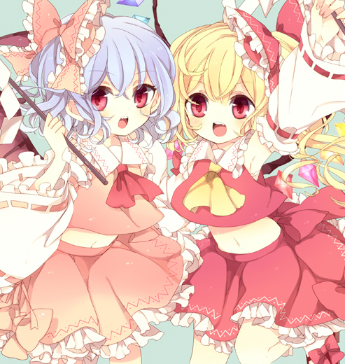 hakurei reimu, remilia scarlet, and flandre scarlet (touhou) drawn by moriyama_shijimi