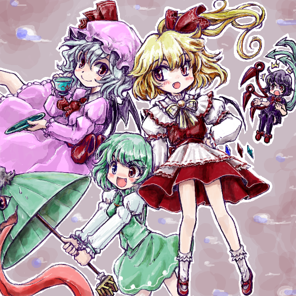 remilia scarlet, flandre scarlet, tatara kogasa, and houjuu nue (touhou) drawn by nanashii_(soregasisan)