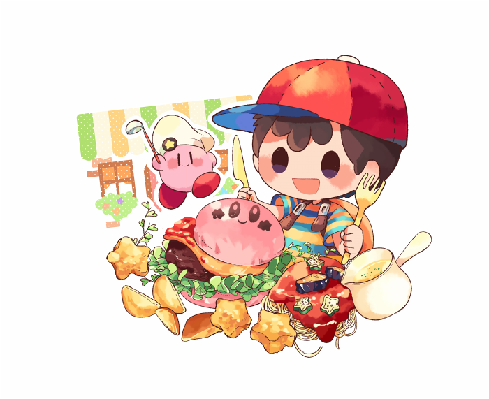 kirby and ness (kirby and 3 more) drawn by hitofutarai