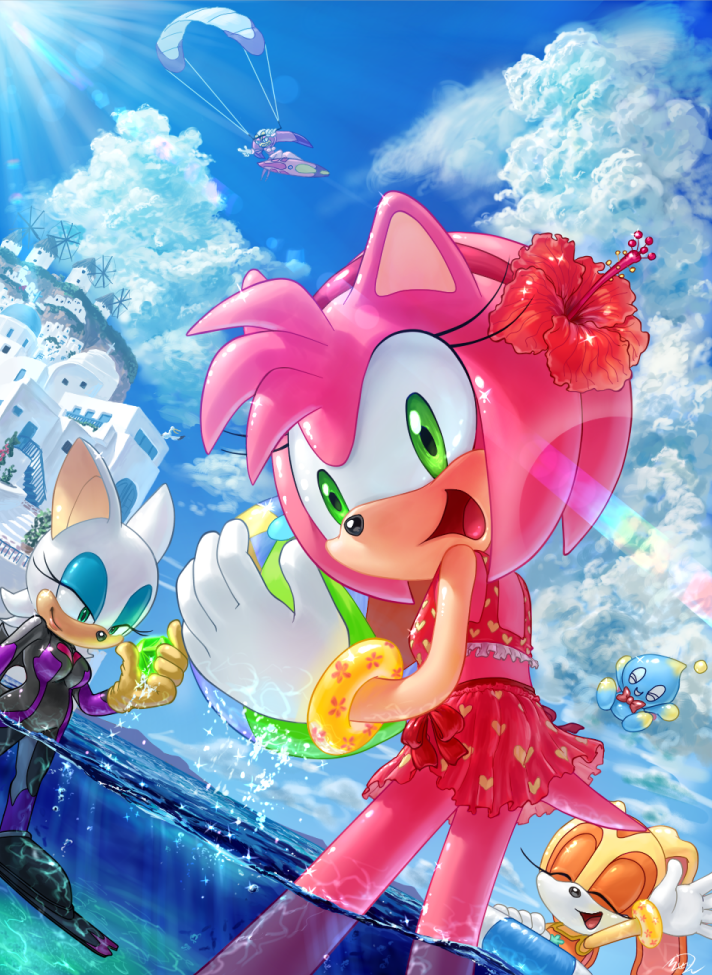 amy rose, rouge the bat, cream the rabbit, neutral chao, cheese, and 1 more (sonic and 2 more) drawn by rasein