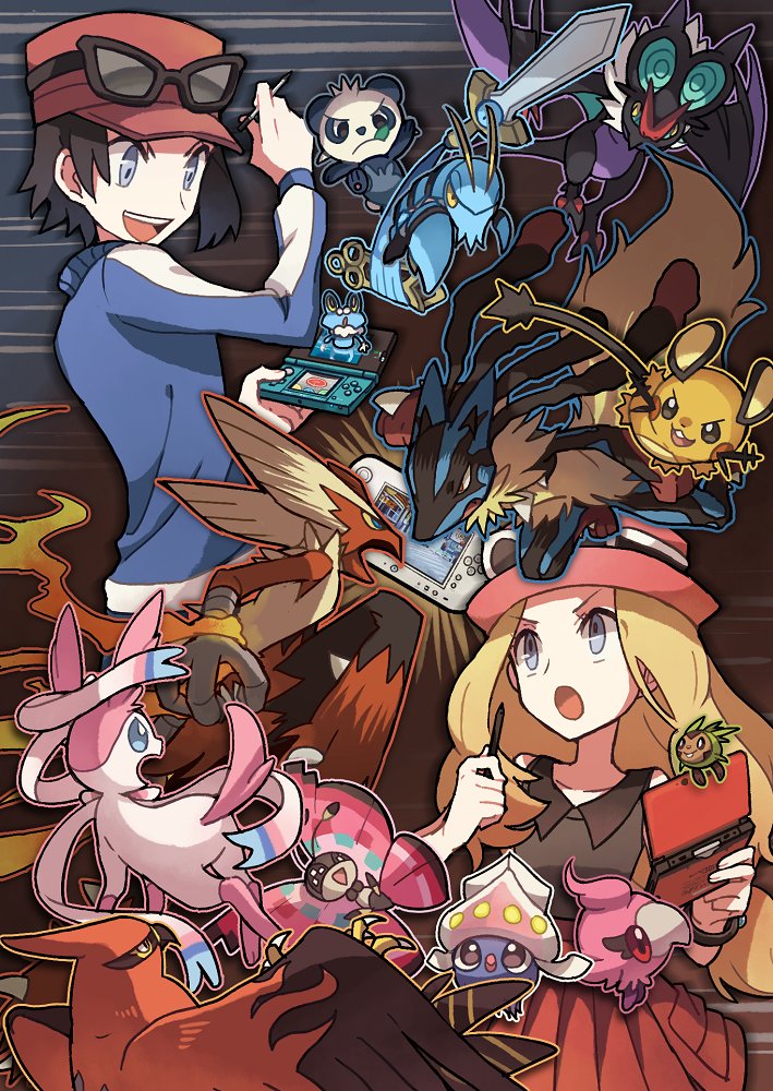 serena, lucario, sylveon, calem, blaziken, and 12 more (pokemon and 1 more) drawn by noii