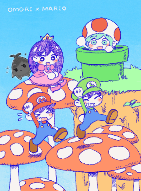 princess peach, mario, omori, luigi, basil, and 6 more (mario and 1 more) drawn by sun_iiinu