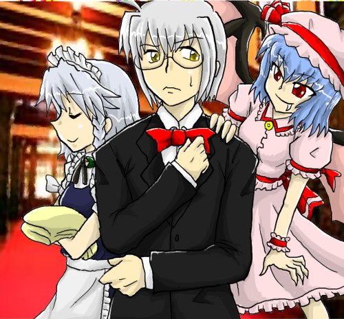 remilia scarlet, izayoi sakuya, and morichika rinnosuke (touhou) drawn by enokuma_uuta