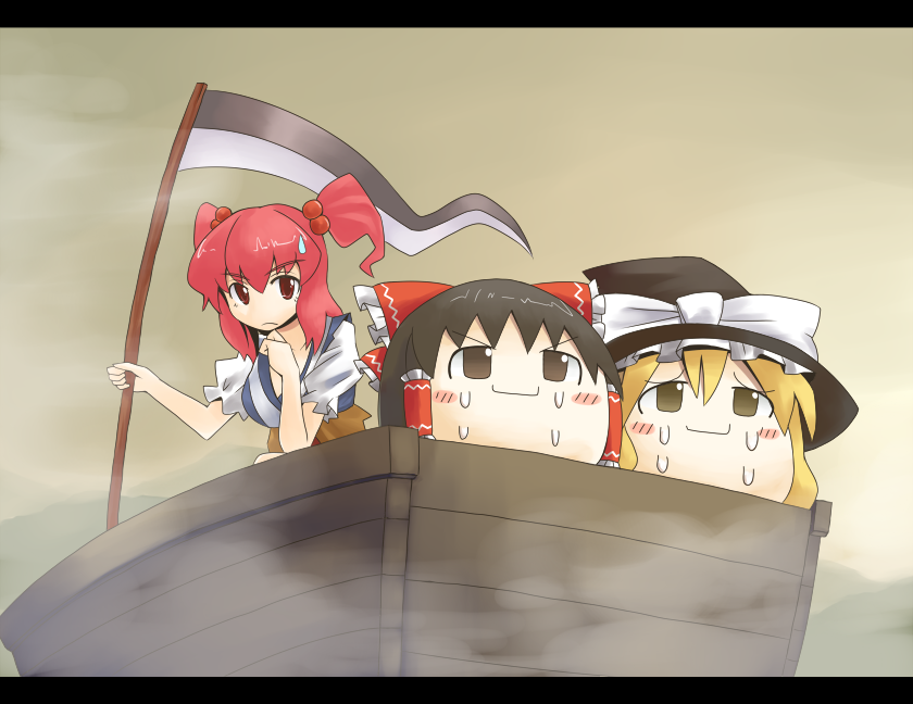 hakurei reimu, kirisame marisa, and onozuka komachi (touhou) drawn by nobori_ranzu