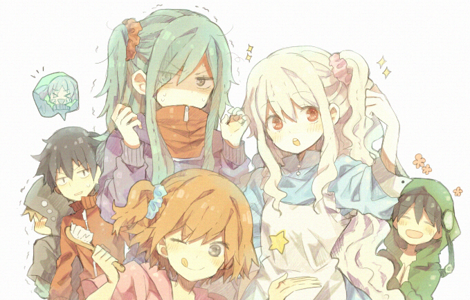 kozakura marry, kisaragi shintarou, kido tsubomi, ene, kano shuuya, and 2 more (kagerou project) drawn by kurodeko