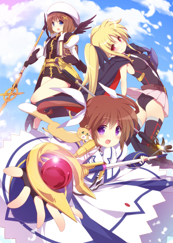fate testarossa, takamachi nanoha, yagami hayate, raising heart, yuuno scrya, and 3 more (lyrical nanoha and 3 more) drawn by watanon_(gakushokutei)
