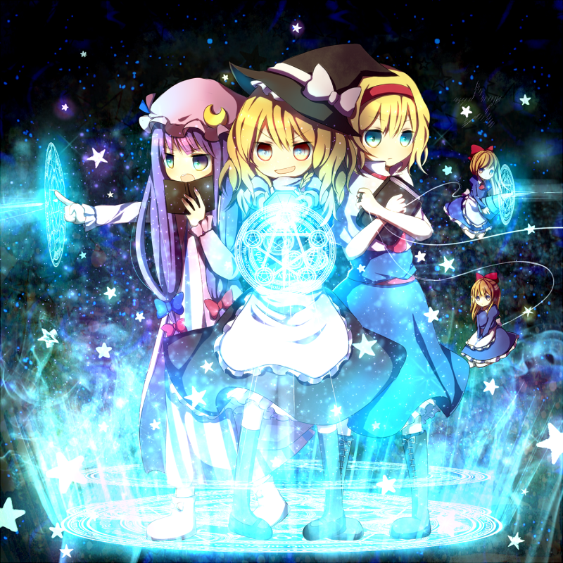 kirisame marisa, alice margatroid, patchouli knowledge, and shanghai doll (touhou) drawn by nini3piyo