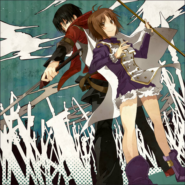 fukazaki touya and cassis (summon night) drawn by kazutake_hazano