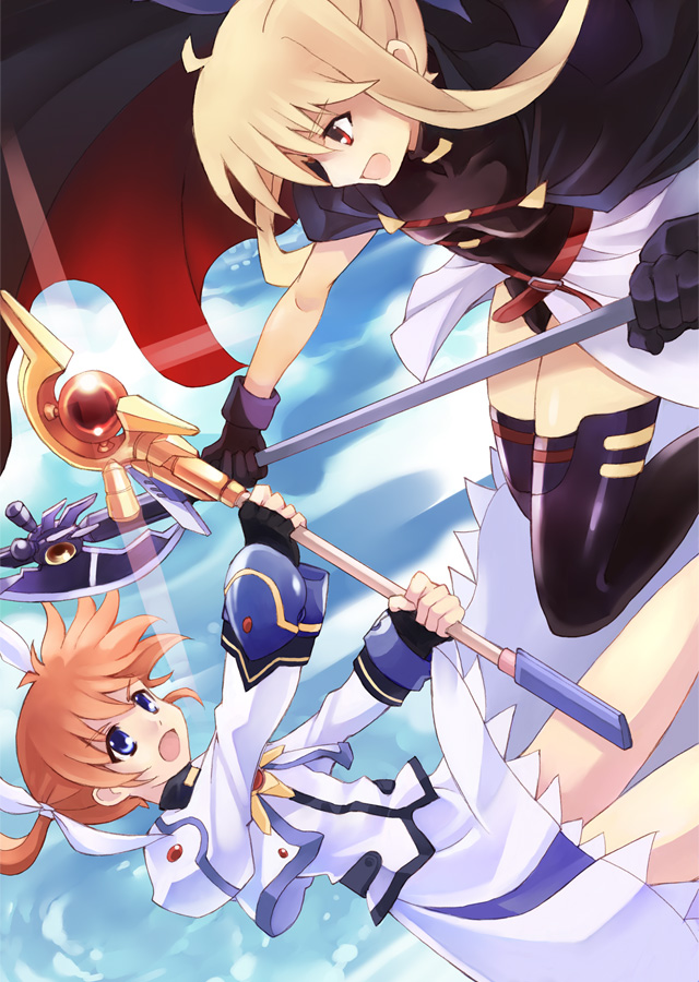fate testarossa, takamachi nanoha, raising heart, and bardiche (lyrical nanoha and 2 more) drawn by kouno_hikaru