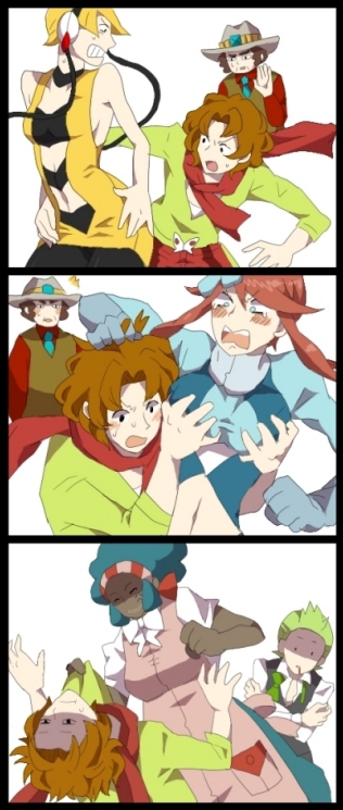skyla, elesa, cilan, lenora, burgh, and 1 more (pokemon and 1 more) drawn by takamochi_(tokiwako)