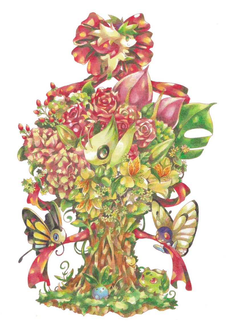 bulbasaur, celebi, shaymin, oddish, butterfree, and 2 more (pokemon) drawn by izumi_asuka