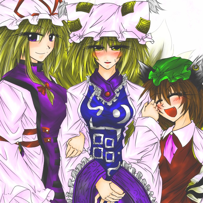 yakumo yukari, yakumo ran, and chen (touhou) drawn by aiba_kinoko_(aozora)