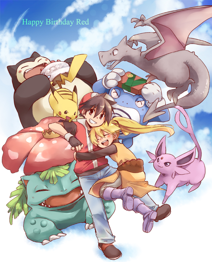 pikachu, red, espeon, snorlax, yellow, and 4 more (pokemon and 1 more) drawn by unagi_(kobucha_blaster)