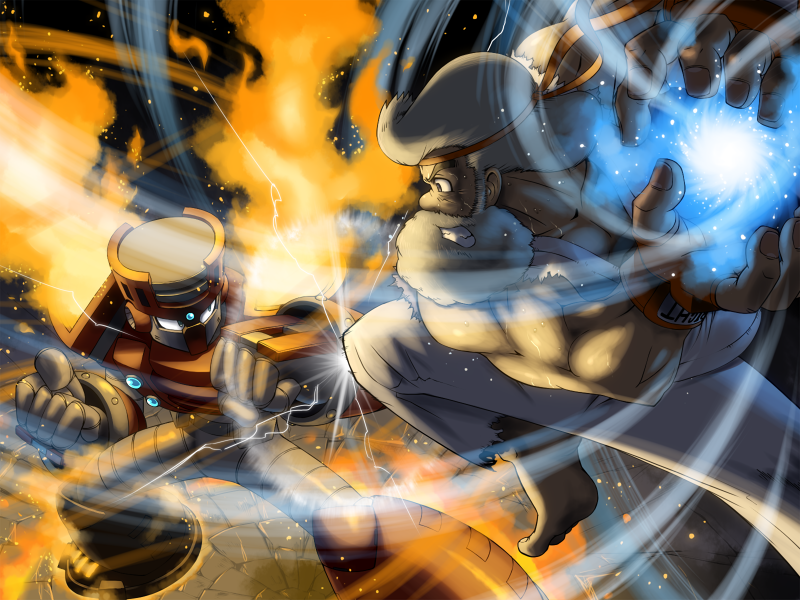ryu, dr. light, and torch man (street fighter and 2 more) drawn by napo