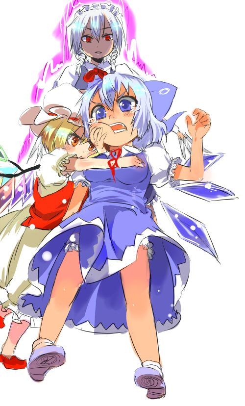 flandre scarlet, izayoi sakuya, and cirno (touhou) drawn by shirow_(crazy)