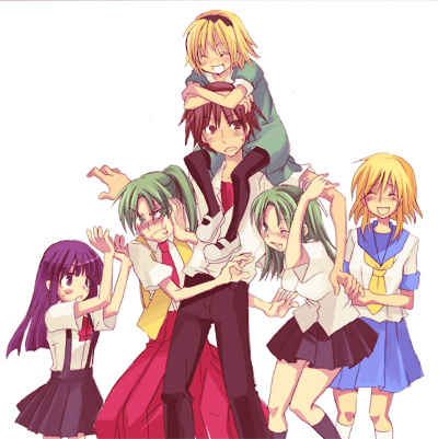 furude rika, ryuuguu rena, houjou satoko, sonozaki mion, sonozaki shion, and 1 more (higurashi no naku koro ni) drawn by fujitsuna