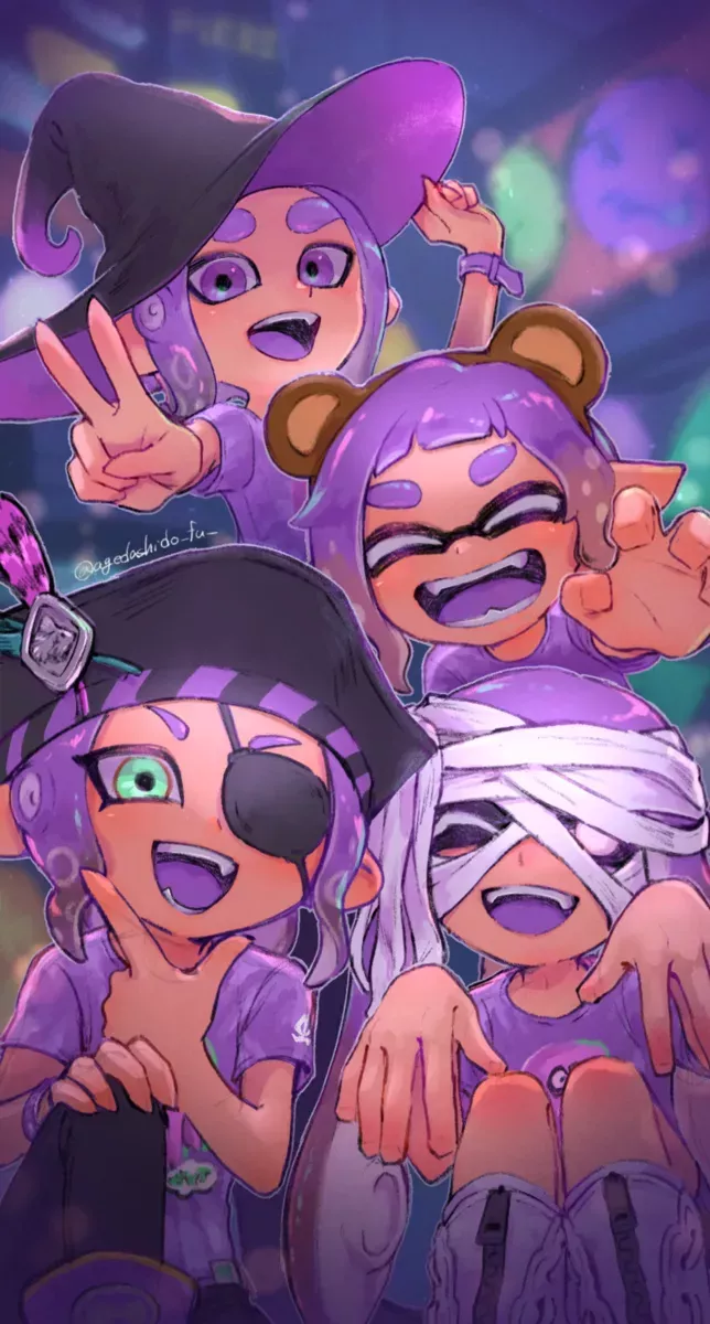 inkling player character, inkling girl, octoling player character, octoling girl, and octoling boy (splatoon and 1 more) drawn by hisu