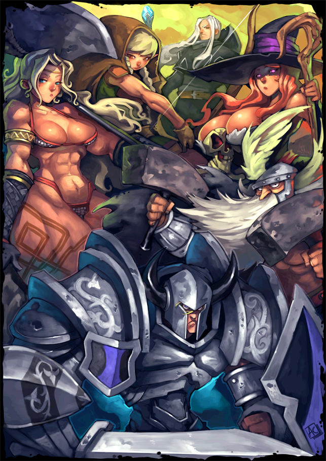 sorceress, elf, dwarf, fighter, and wizard (dragon's crown) drawn by andrewcockroach