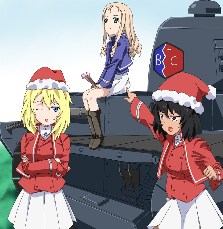 andou, oshida, and marie (girls und panzer) drawn by yoshida_keiji
