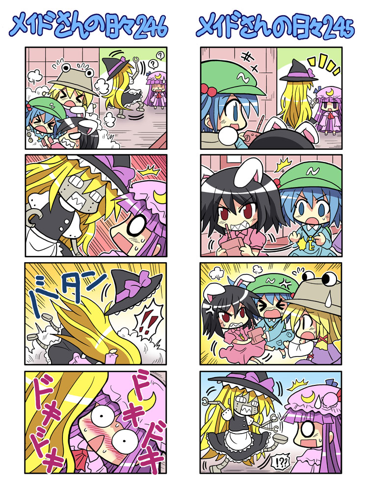 kirisame marisa, patchouli knowledge, moriya suwako, kawashiro nitori, and inaba tewi (touhou) drawn by colonel_aki