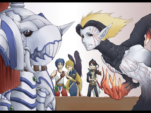 nina, ryu, bosch 1/64, and bow (breath of fire and 2 more) drawn by taka_yanagi