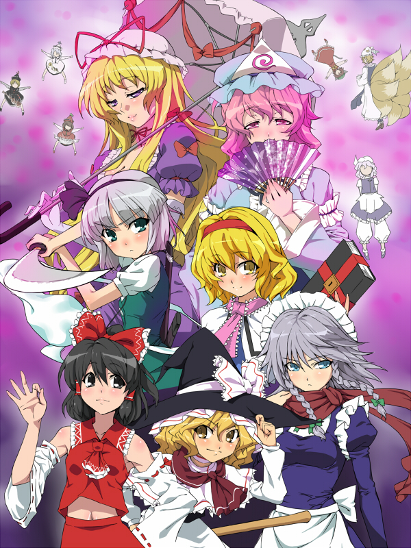 hakurei reimu, kirisame marisa, izayoi sakuya, konpaku youmu, alice margatroid, and 8 more (touhou and 1 more) drawn by uguisu_(happy_turn)