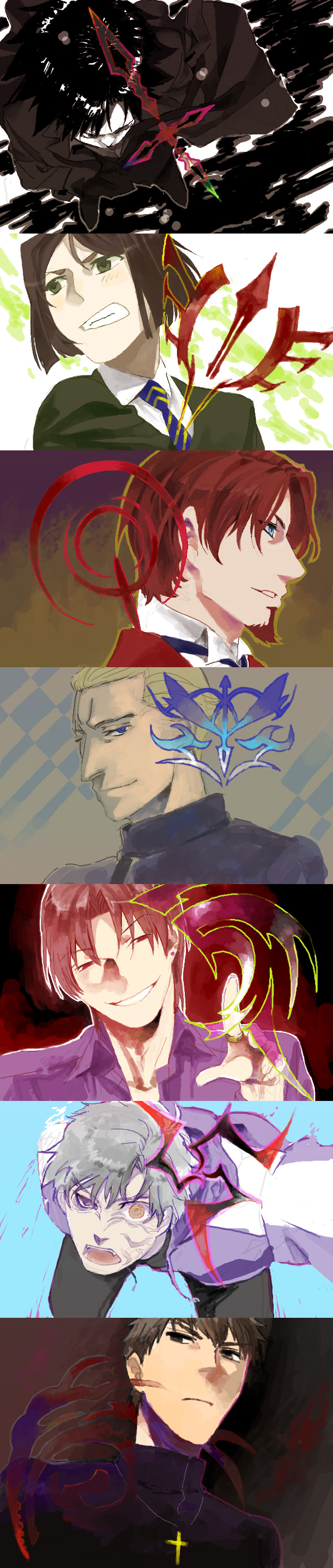 kotomine kirei, waver velvet, emiya kiritsugu, matou kariya, tohsaka tokiomi, and 2 more (fate and 1 more)