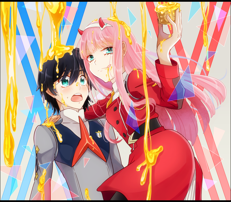 zero two and hiro (darling in the franxx) drawn by temaroppu_(ppp_10cc)