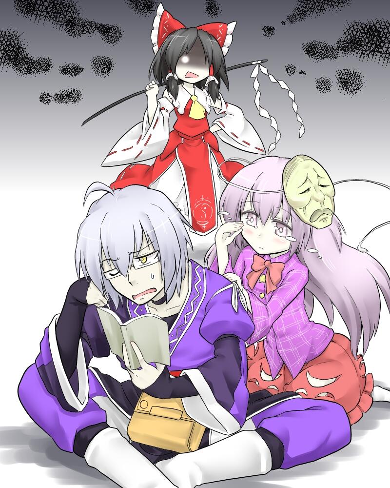 hakurei reimu, morichika rinnosuke, and hata no kokoro (touhou) drawn by futa_(nabezoko)