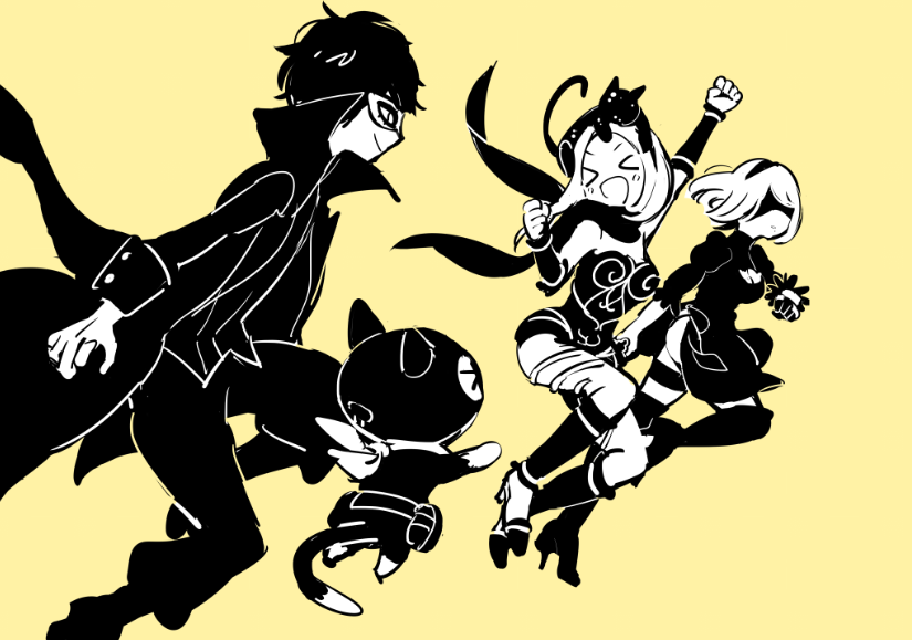 2b, amamiya ren, morgana, kitten, and dusty (persona and 4 more) drawn by kumaponn