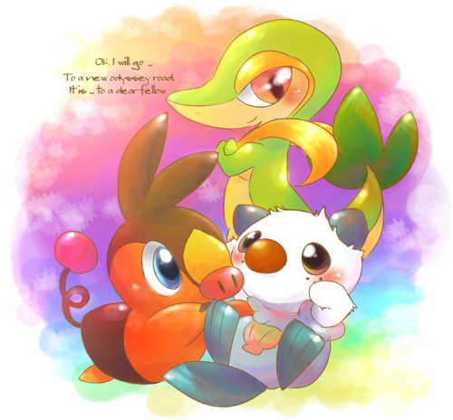 oshawott, snivy, and tepig (pokemon) drawn by kirikaze_(mugimikan)