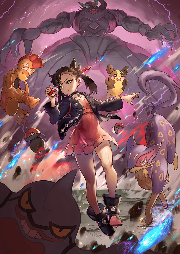 marnie, morpeko, liepard, scrafty, grimmsnarl, and 1 more (pokemon and 1 more) drawn by yuusui_(suika19960806)