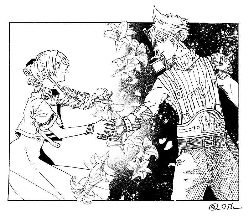 cloud strife and aerith gainsborough (final fantasy and 3 more) drawn by 7i1u