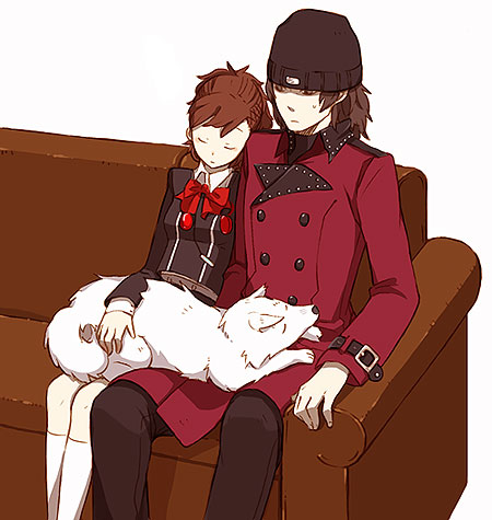 shiomi kotone, aragaki shinjirou, and koromaru (persona and 2 more) drawn by canary000