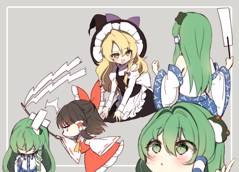 hakurei reimu, kirisame marisa, and kochiya sanae (touhou and 1 more) drawn by piyokichi