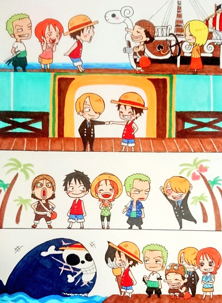 nami, monkey d. luffy, roronoa zoro, sanji, usopp, and 3 more (one piece) drawn by pupil308