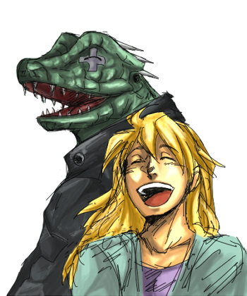 nikaidou and caiman (dorohedoro) drawn by hanawo_(slumpcat)
