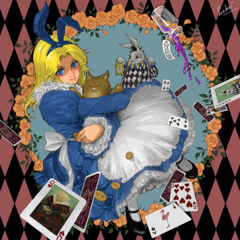 alice, white rabbit, and cheshire cat (alice's adventures in wonderland) drawn by luke_uehara