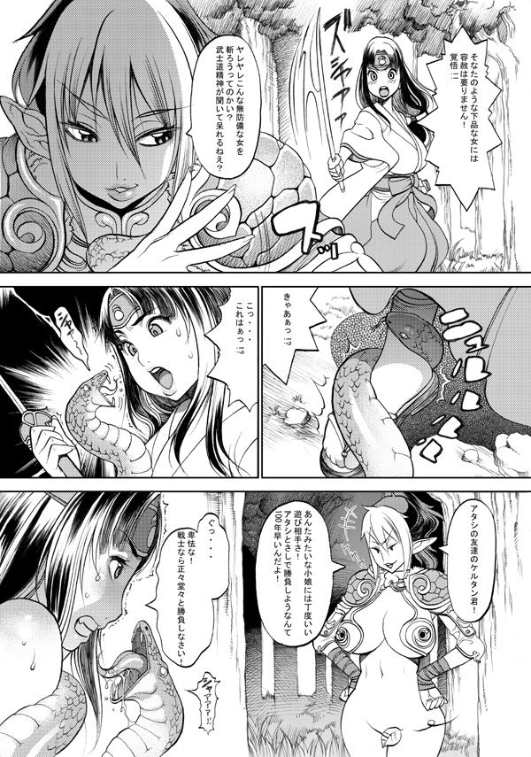tomoe, musha miko tomoe, echidna, veteran mercenary echidna, and keltan (queen's blade) drawn by f.s.