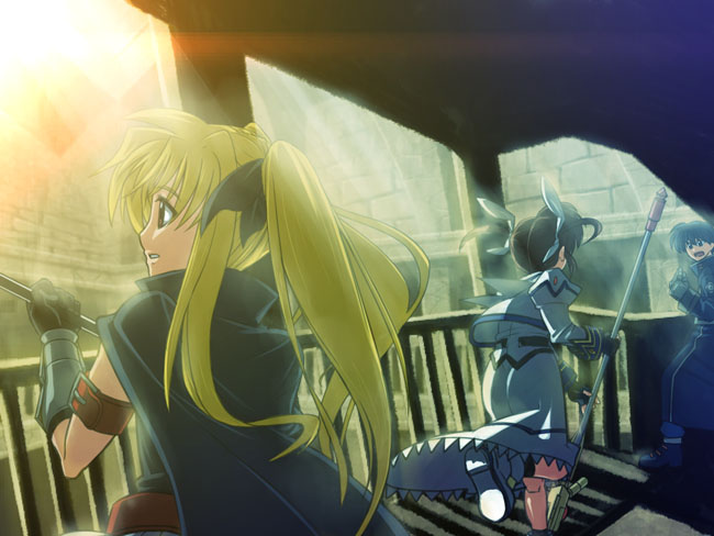 fate testarossa, takamachi nanoha, raising heart, bardiche, and chrono harlaown (lyrical nanoha and 2 more) drawn by kida_sougetsu