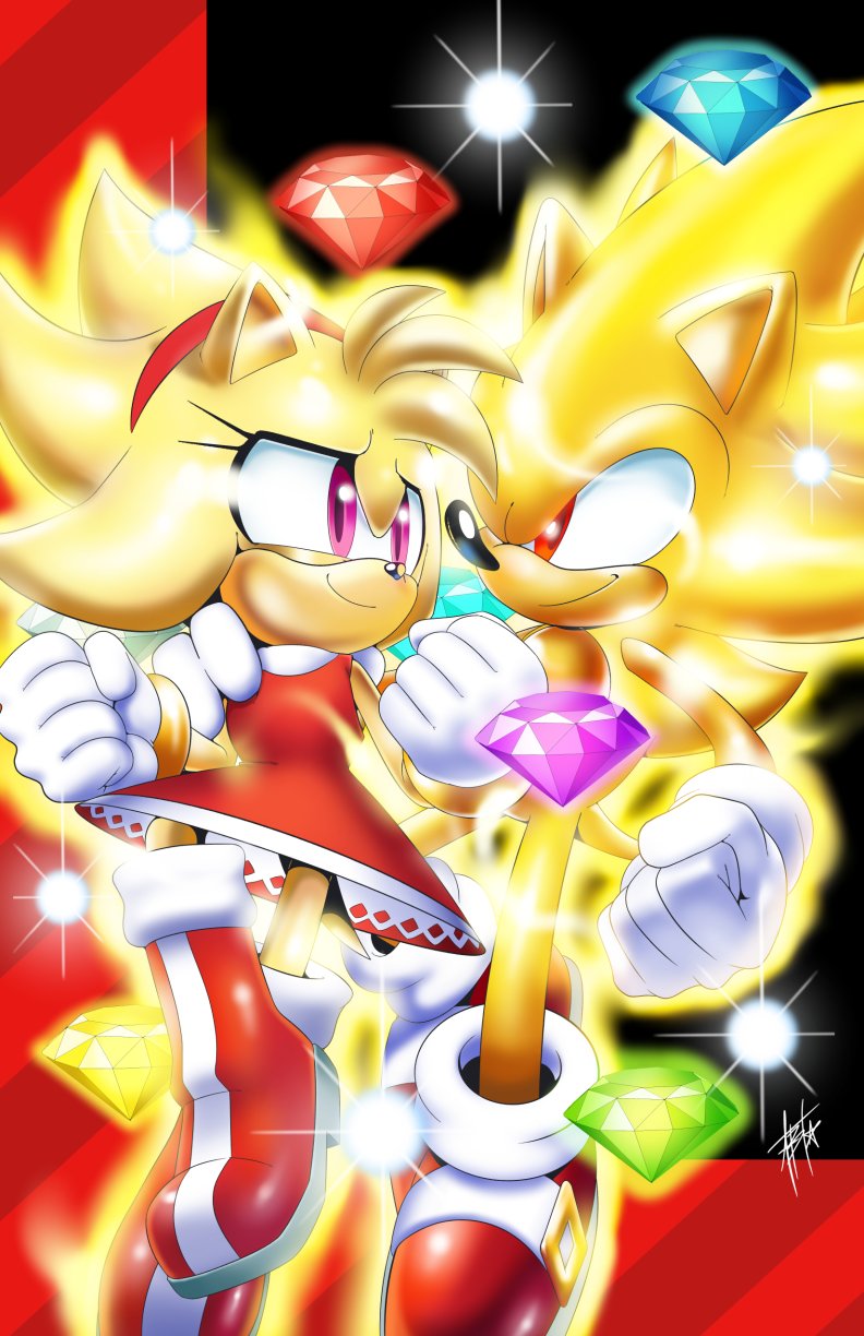 sonic the hedgehog, amy rose, super sonic, and super amy rose (sonic) drawn by adam_bryce_thomas